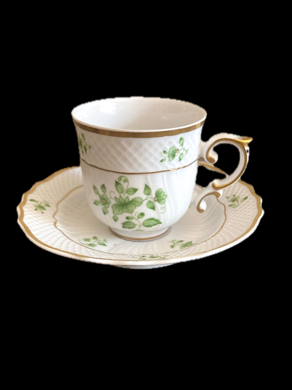 Hollóháza, Hungary Hand Paint Green Floral Demitasse Cup & Saucer 24ct Gold Trim